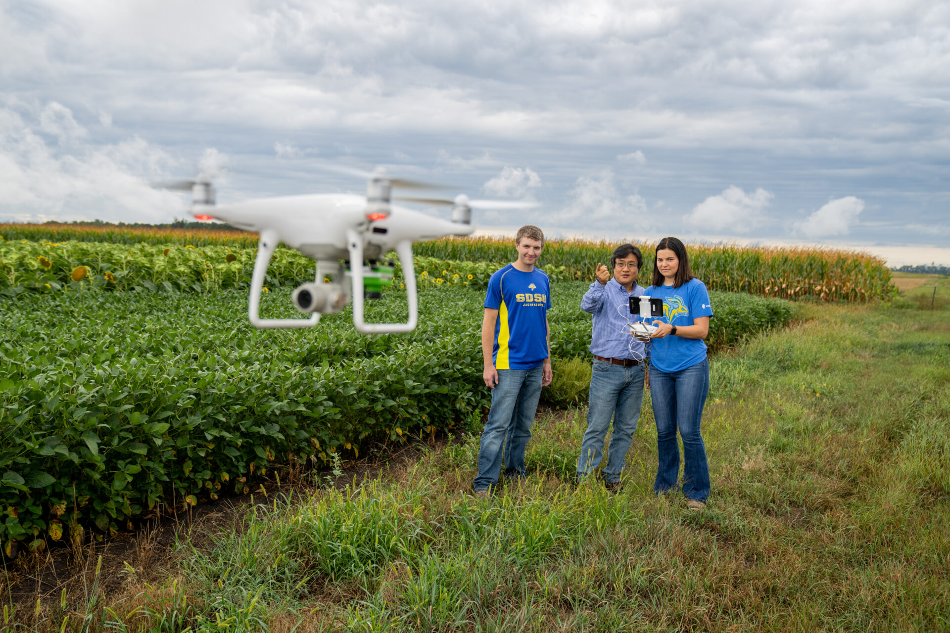 two students and a professor fly a drone over an agricultural field
