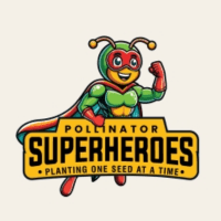 cartoon of a bee wearing a superhero costume with the text "Pollinator Superheroes | Planting One Seed at a Time"
