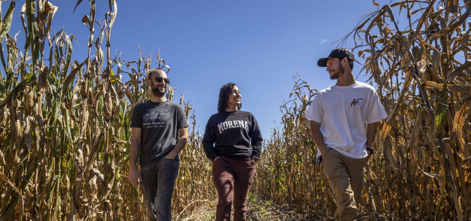 students walk through a corn field