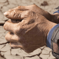 farmer hands with drought afflicted soil in background