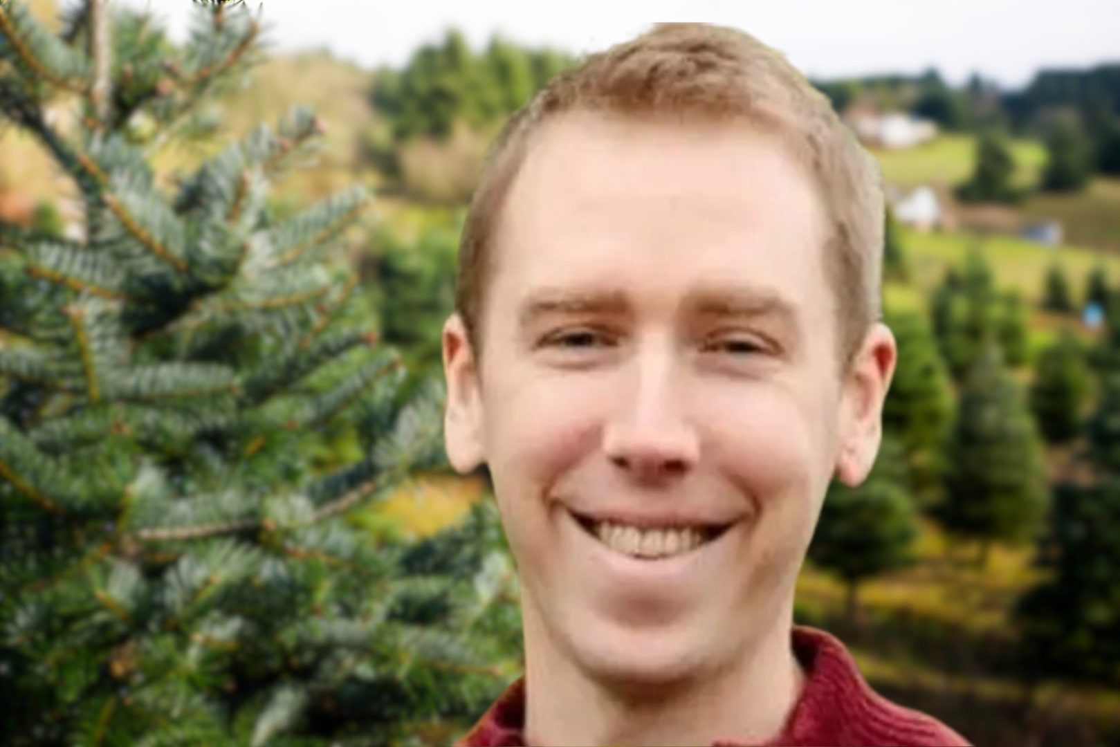 a headshot of Lindberg superimposed over a photograph of a Christmas tree farm