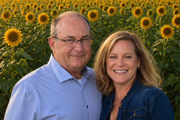 Jim and his wife Stephanie in front of their sunflower field