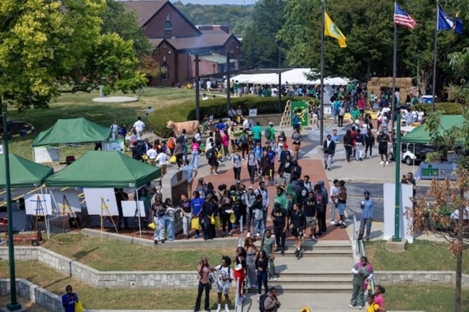 an aerial view of a campus career fair