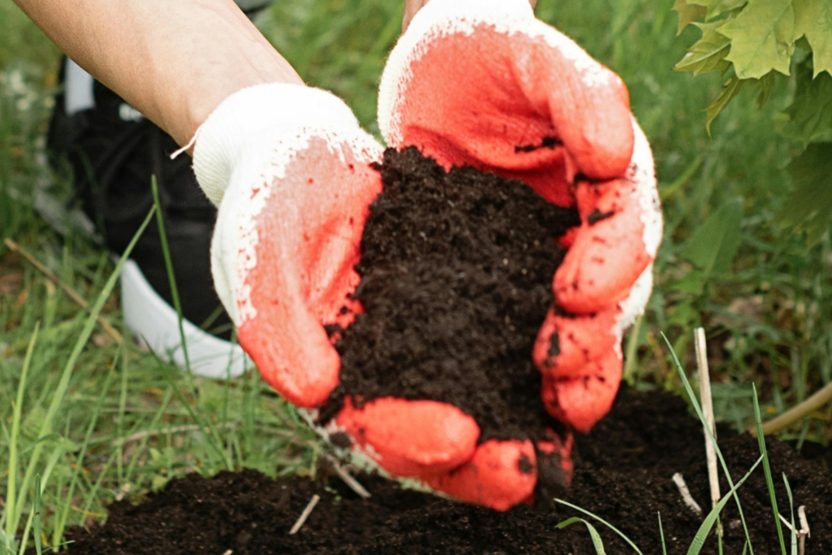 A pair of gloved hands holding soil