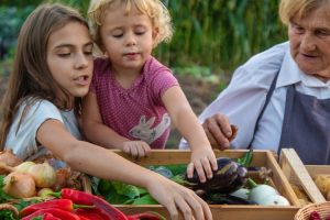 two children and a senior pick out vegetables at a farmers market